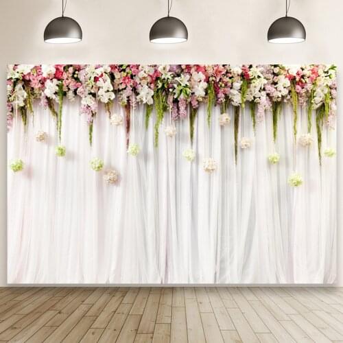 Wedding Anniversary Flower Wall with Curtain Backdrop Studio Photography Ceremony Party Photo Background Table Vinyl Prop Banner
