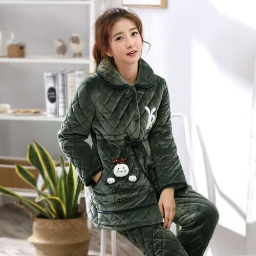 Womens Winter Plus Thick Flannel Three-layer Sandwich Cotton Bay Bean Velvet Medium Length Warm Coral Velvet Home Clothes