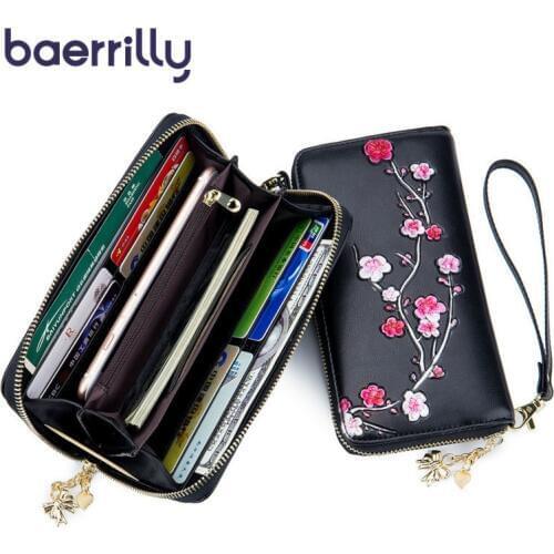 Flower Printed Women Wallets Genuine Leather Wallets Luxury Female Purse Wrist Soft Womens Wallet Card Holder Long Phone Pockets