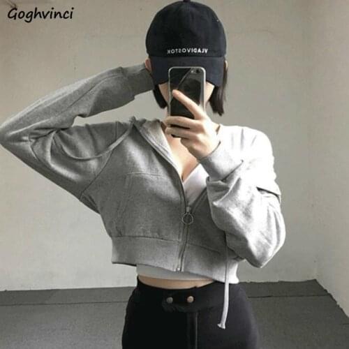 Women with Hat Hoodies Female Crop Tops Zip-up Harajuku Streetwear Slim Fit Simple Fashion All-match Casual Korean Style Ins New