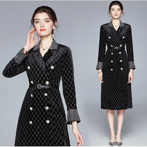 FNOCE 2021 new spring womens trench coats fashion trends elegant Diamonds Plaid Flared sleeves slim eye catching women coats