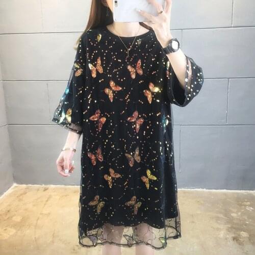 Spliced Mesh Butterfly Sequins Long T-shirtdress Women Loose Short Sleeve Tops Loose Harajuku Tshirt Female Black Tee Summer