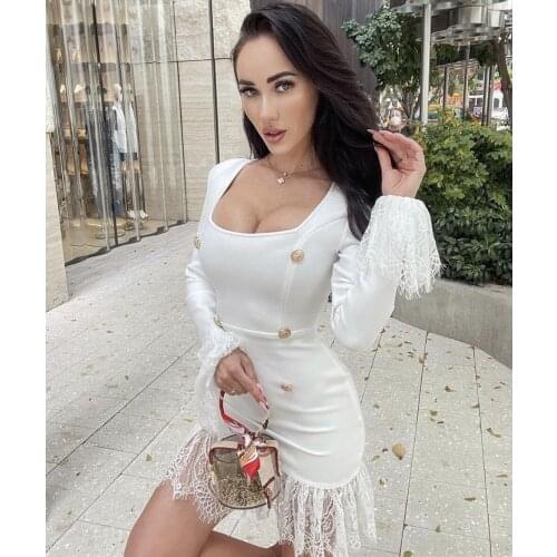 Spring Women Sexy Long Sleeve Button Lace White Bandage Dress 2021 Ladies Elegant Bodycon Evening Club Party Dress Vestido