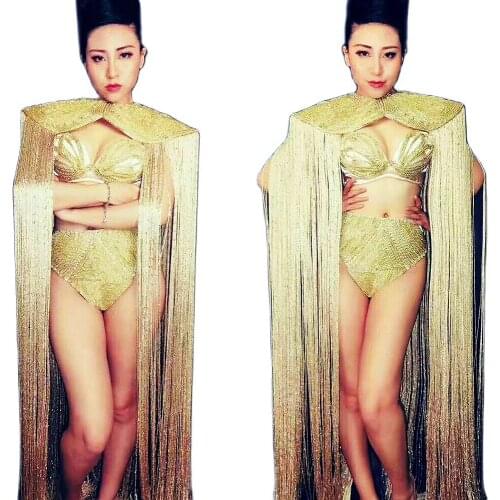 Gold Diamonds Women Bra Shorts Long Tassel Cloak 3 Pieces Set Nightclub Pole Dancing Costumes Party Show Performance Stage Wear