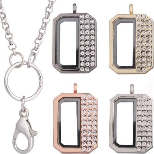 10pcs/lot Alloy rectangle half Crystal Memory Glass Living Floating Locket for Floating charms Pendant Necklace With Free Chains