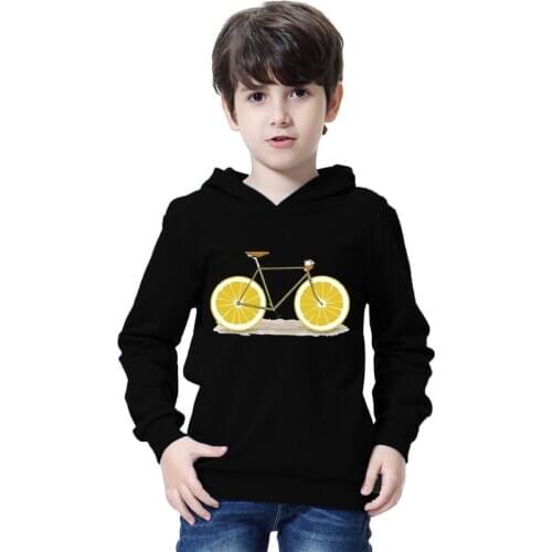 2021 Kids Creative Hoodie Fruit Bicycle Print Hooded Sweatshirt Boys Girls Fashion Lemon Bicycle Pullover Tops for 3-14 Child