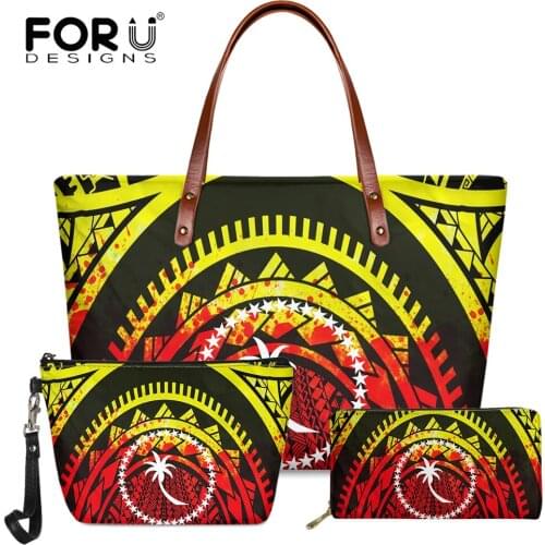FORUDESIGNS Polynesian Chuuk Tribal Printed Handbag for Woman New Fashion Leather PU Shoulder Bag and Waller Makeup Bag 3Pcs Set