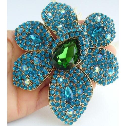4.33" Gorgeous Teardrop Flower Brooch Pin Pendant Blue Green Rhinestone Crystal EE04043C4
