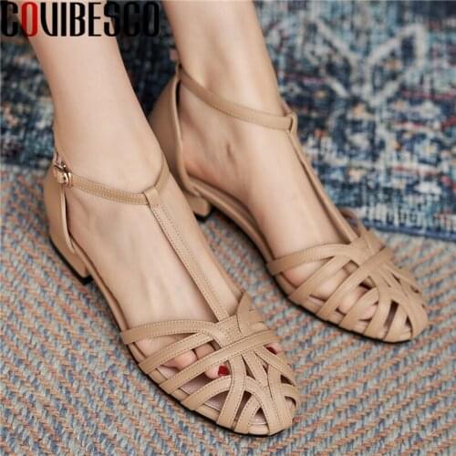 COVIBESCO Summer Casual Women Sandals Low Heels Rome Style Hollow Genuine Leather Ankle-Wrap Shoes Woman T-Strap Retro Concise