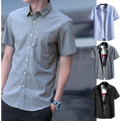Business Shirt Men Lapel Solid Color Tops Short Sleeve Pocket Casual Shirt Summer Mens Button Streetwear 2021 Camisa Masculina