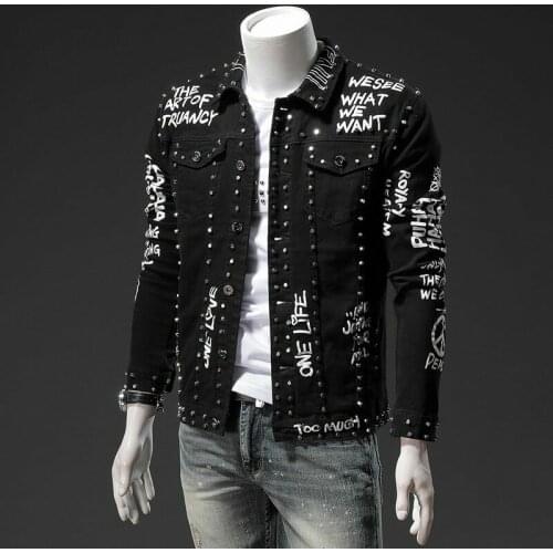 Men Embroidery Floral Punk Rivet Denim Hip Hop Jeans Jacket Printed Slim Outwear Streetwear Coat 4Colors New 2021