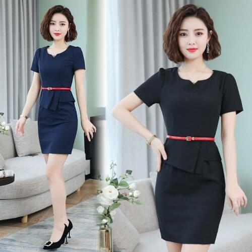 IZICFLY Korean Summer Style Fashion Elegant Office Slim Business New Blue Dress Plus Size Ladies Work Wear 1 Piece-NO Belt