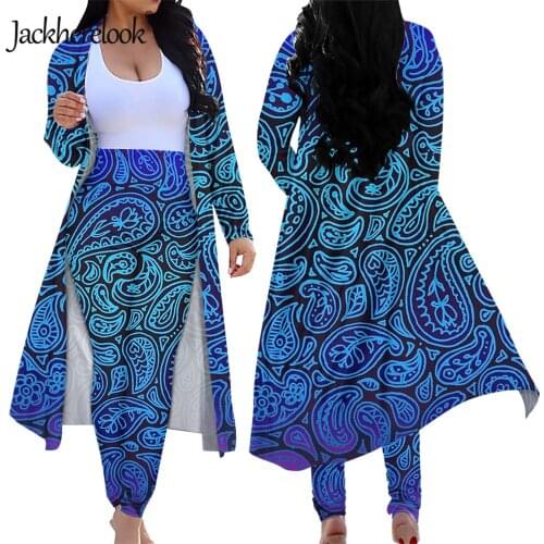 Jackherelook Blue and Purple Gradient Paisley Brand Design Long Sleeve Outfits 2 Piece Open Front Cardigan and Pants Suits Mujer