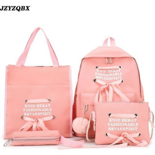 JZYZQBX 4 Pcs/Set School Bag School Backpack For Girls Canvas School Bags Ribbon Bow Backpacks mochila escolar