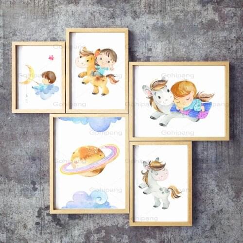 Canvas Painting Boy Girl Mini Horse Dream Universe Wall Art Posters And Prints Nordic Cartoon Wall Pitcures For Kids Room Decor