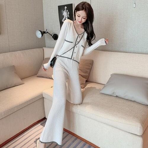 Temperament small fragrance suit Female V-neck long-sleeved Sweater + simple casual wide-leg pants knit suit cardigan Female