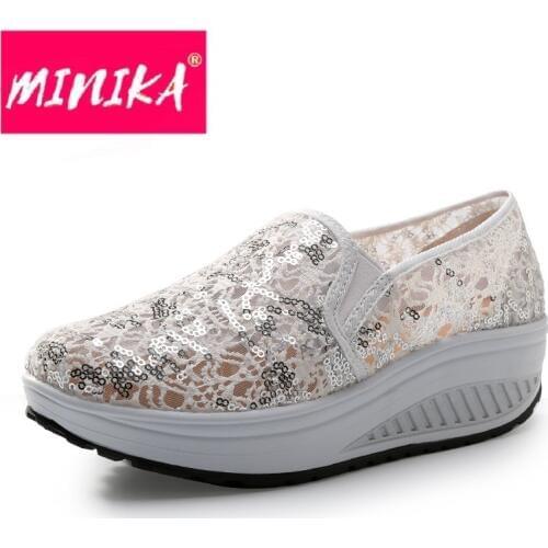 Women Toning Sneaker Lace Hollow Fitness Slimming Workout Shoes Woman Wedge Sneakers Sequined Shoes Size EU35-40 AA11031