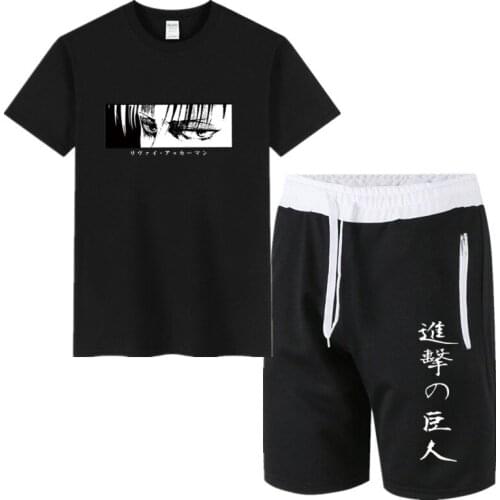Summer Two Piece Set Anime cotton mens T-shirt + sports mens sets Attack On Titan Shorts pantsuit T Shirts Sets Sweatpants