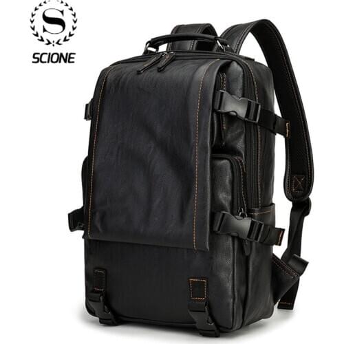 Scione 2020 New PU Leather Backpack Men Travel Hiking Sport Backpacks Double Shoulder School Bag Business Laptop Computer Bags