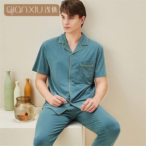Cotton Pyjamas Men Sleepwear Pijamas Hombre Short Sleeve Lapel Casual Man Single-Breasted Homewear Pajamas Sets For Male