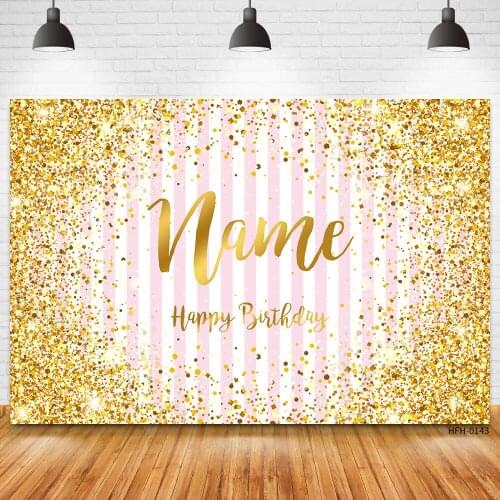 Custom Name Gold Glitter Happy Birthday Party Photo Studio Backgrounds Pink Stripe Golden Dots Backdrops For Decor Photography