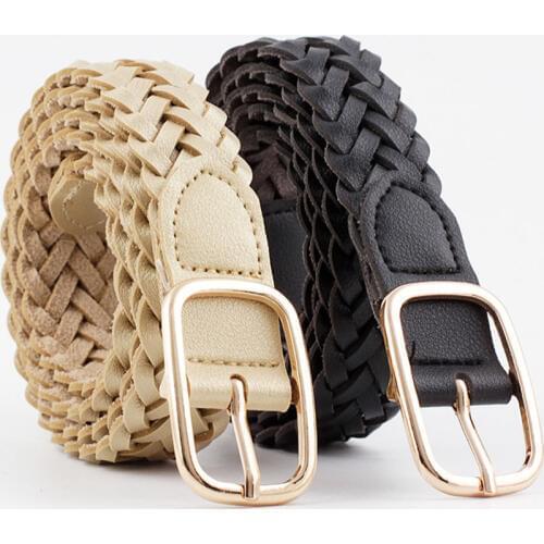 Retro Stretch Woven Belt Solid Color Womens Belt With Square Gold Metal Buckle Female Belt Casual Waist Belt Braided Waist Belt