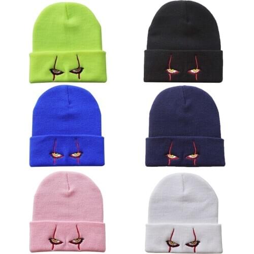 Unisex Winter Knitted Beanie Hat Scary Clown Eyes Embroidery Hip Hop Cuffed Skull Cap Halloween Cosplay Party Headpiece