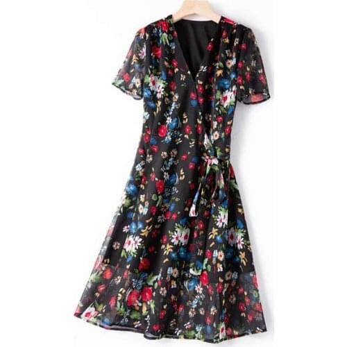 Silk & Viscose Wrap V Neckline Floral Printed Dress Features With Waist Ties & Lining