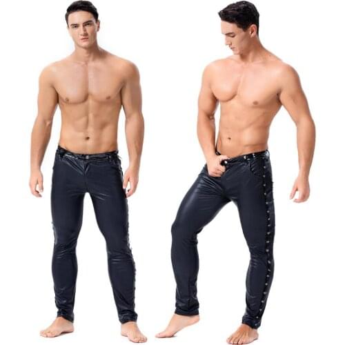 High Elastic Mens Black Faux Leather Latex Leggings Wetlook Clubwear Zipper Bondage Exotic Pants Gay Club Stage Dance Wear