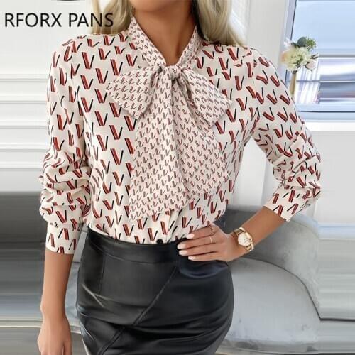 Spring All Over Print Tie Front Lantern Sleeve Shirt Casual Shirt Long Sleeve Blouse Women Top 2021