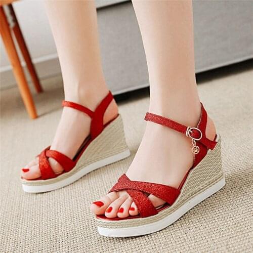 Shoes Woman Platform Sandals Wedges High Heels Ankle Strap Summer Shoes 2020 Open Toe Bling Glitter Ladies Sandals Red 33 42 43