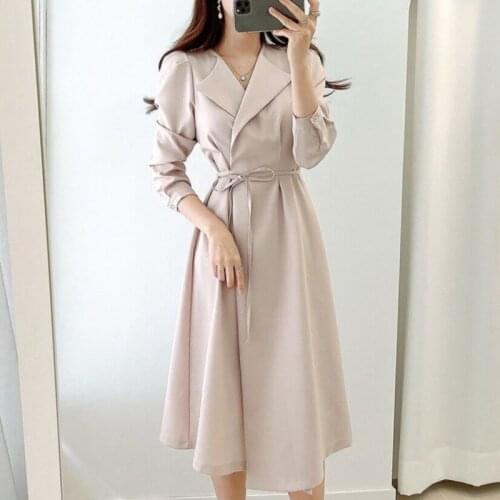 Autumn Korean Chic Dress Women Slim Waist Lace Up Notched Collar Long Sleeve Elegant Dresses Office Ladies Vestidos Robe Femme