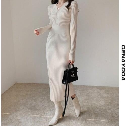 Genayooa Knit Sweater Dress Women Knitted Sweaters Dresses V-neck Bodycon Midi Button Decor Slim Long Sleeve Vestidos Elegant