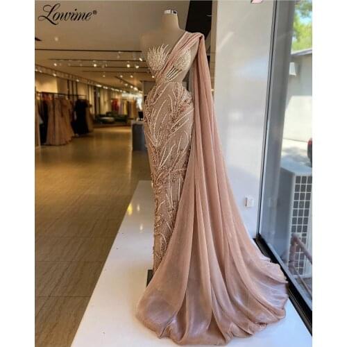 Lowime Arabic Beaded Elegant Evening Dresses 2021 Capped Long Sleeves Dubai Prom Dresses Beading Celebrity Dress Party Gowns