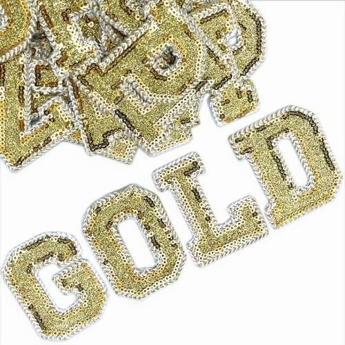 Gold Sequins Alphabet Letter Patch For Clothes Sew On Garment Accessories Embroidered Applique Decoration Jeans Repair Patches