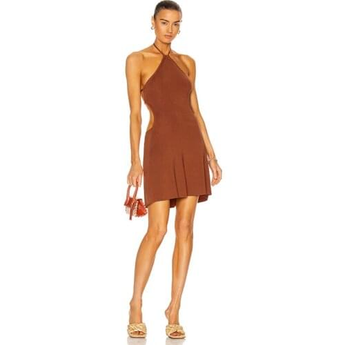 2021 Sexy Lace Up Halter Brown Casual Slim Women Fall Mini Dress Ladies Backless Vintage Vestidos De Fiesta Clubwear Robe BD2101