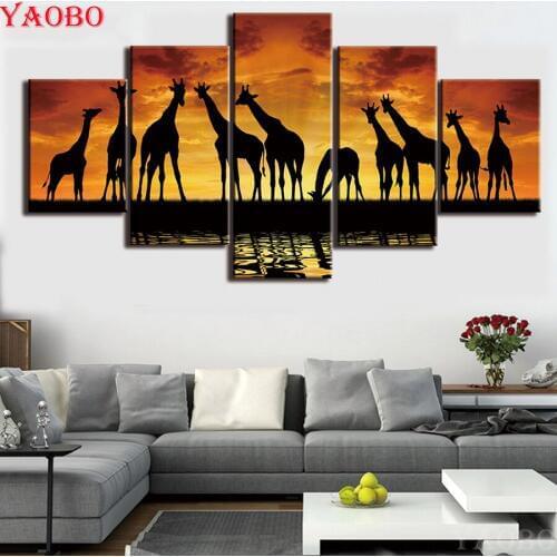 5D DIY Diamond Painting Africa giraffe,Cross Stitch,5pcs/set,Diamond Mosaic,needlework,3D Diamond Embroidery Sunset landscape