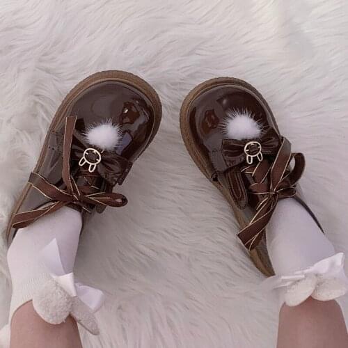 Rabbit Ear Bow Fluffy Thick Sole Lolitas Winter Cotton Warm Lolita Womens Shoes Black Brown Cosplay Anime Gothic Kawaii Female