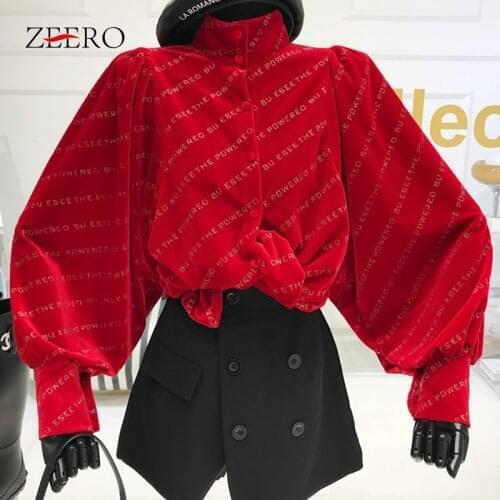 Spring Autumn Korean Woman Stand-up Collar Bat Sleeve Letter Single-breasted Velvet Blouses Tops Women Shirts Button Up Shirt