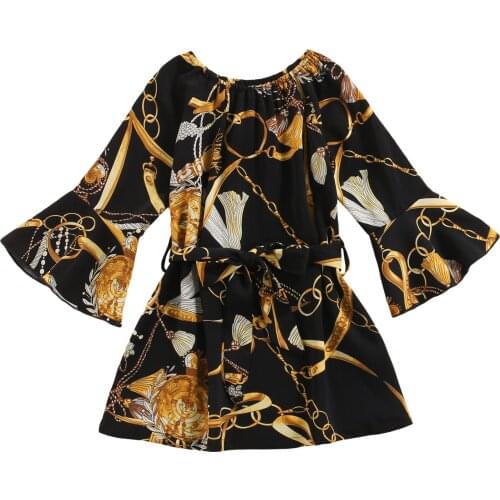 2021 2-7Y Kids Baby Girls Dress Spring Fall Flare Long Sleeve Round Neck High Waist Floral Loose Casual Party Black Midi Dress