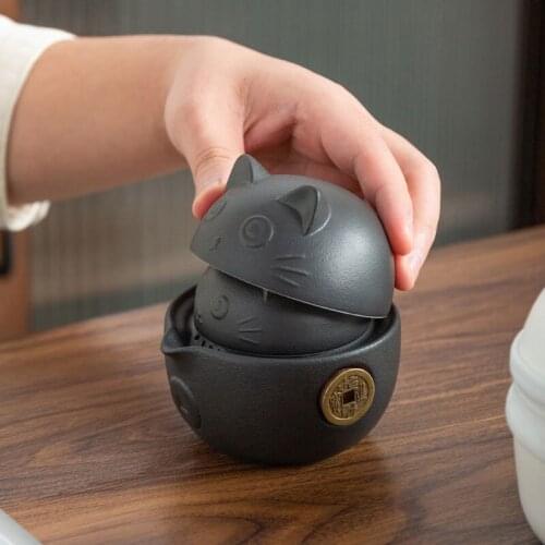 Cat Series Travel Portable Ceramic Tea Set with Tea Pot Tea Cups Travel Bag for Office Home Travel NIN668