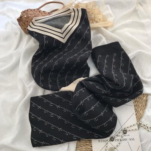 European and American trend double-sided jacquard V-neck sweater two-piece suit 2020 autumn and winter wide-leg pants retro temp