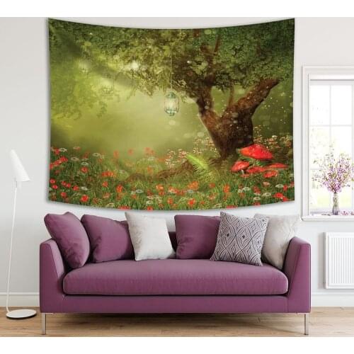 Tapestry Magic Tree with Lanterns on a Poppy Meadow Mushrooms Flowers Secret Forest Summer Night Green Red