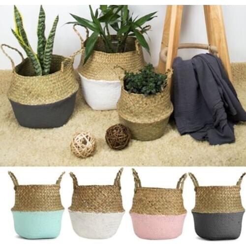 Hot Foldable Natural Seagrass Woven Storage Basket Pot Garden Flower Vase Hanging Wicker Basket Bellied Basket Household Storage