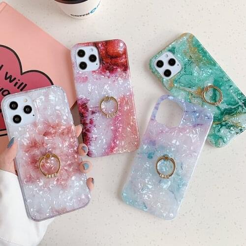 Gradient Color Marble Shell Pattern Soft Phone Case for iPhone 12 Mini 11 Pro XS Max XR X SE 2020 Finger Ring Stand Holder Cover