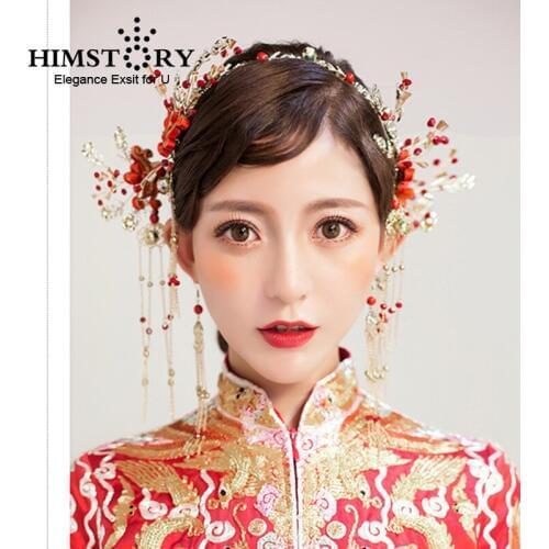 HIMSTORY Vintage Chinese Handmade Bride Headdress Costume Coronet Tassel Hair Stick Wedding Hair Accessories Hair Jewerlry