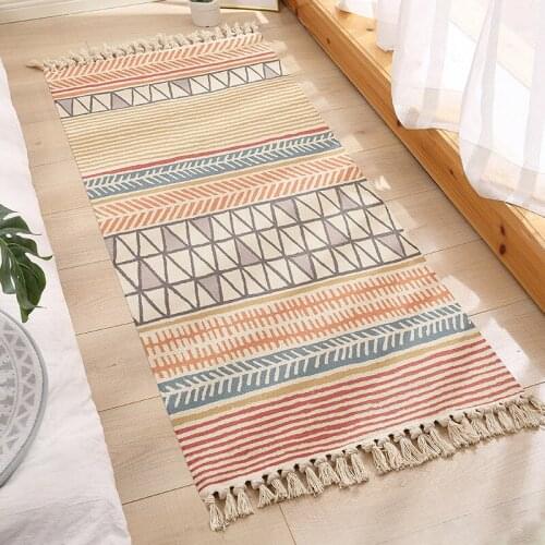 Cotton Carpet Ethnic Style Bedside Mat Linen Tassel Bedroom Blanket Clear Pattern Living Room Decorative Simple Carpet Tapetes