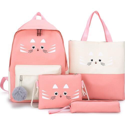 4Pcs Canvas Teenagers School Backpack Women Solid Schoolbag for Teenager Girl Student Book Bag Satchel Female Travel Schoolbag
