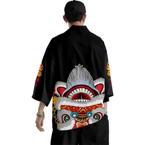 Chinese Style Black Print Yukata Men Kimono Loose Kimono And Pant Set Summer Beach Kimono Samurai Daily Street Wear
