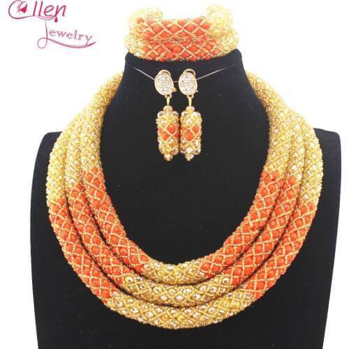 Delicate Orange Nigerian Wedding African Beads Jewelry Sets Dubai Orange Crystal Beads Bridal necklace Set E1041
